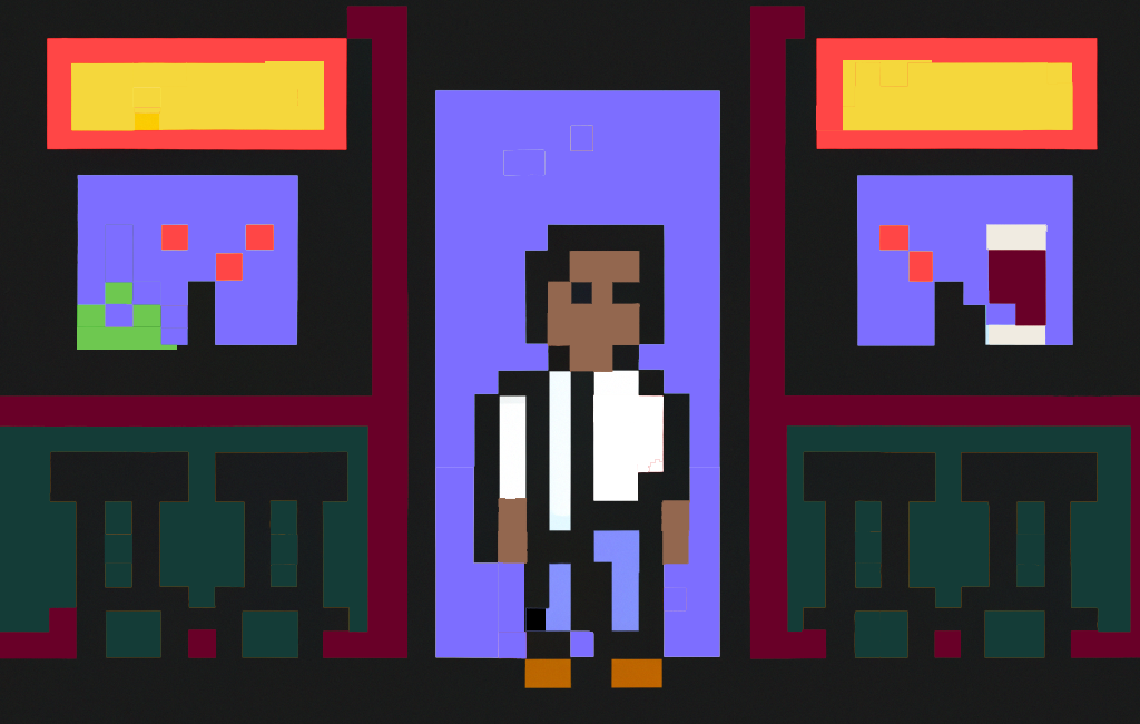 Pixel art of a man walking into a bar